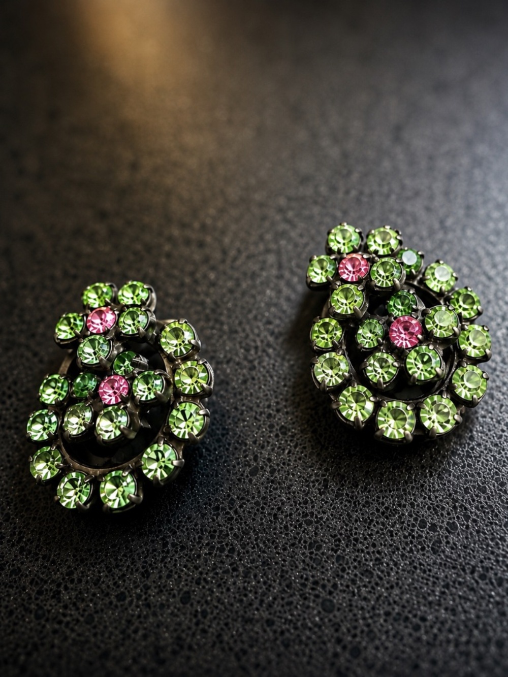 Vintage Austrian Crystal Green & Pink Clip-On Earrings